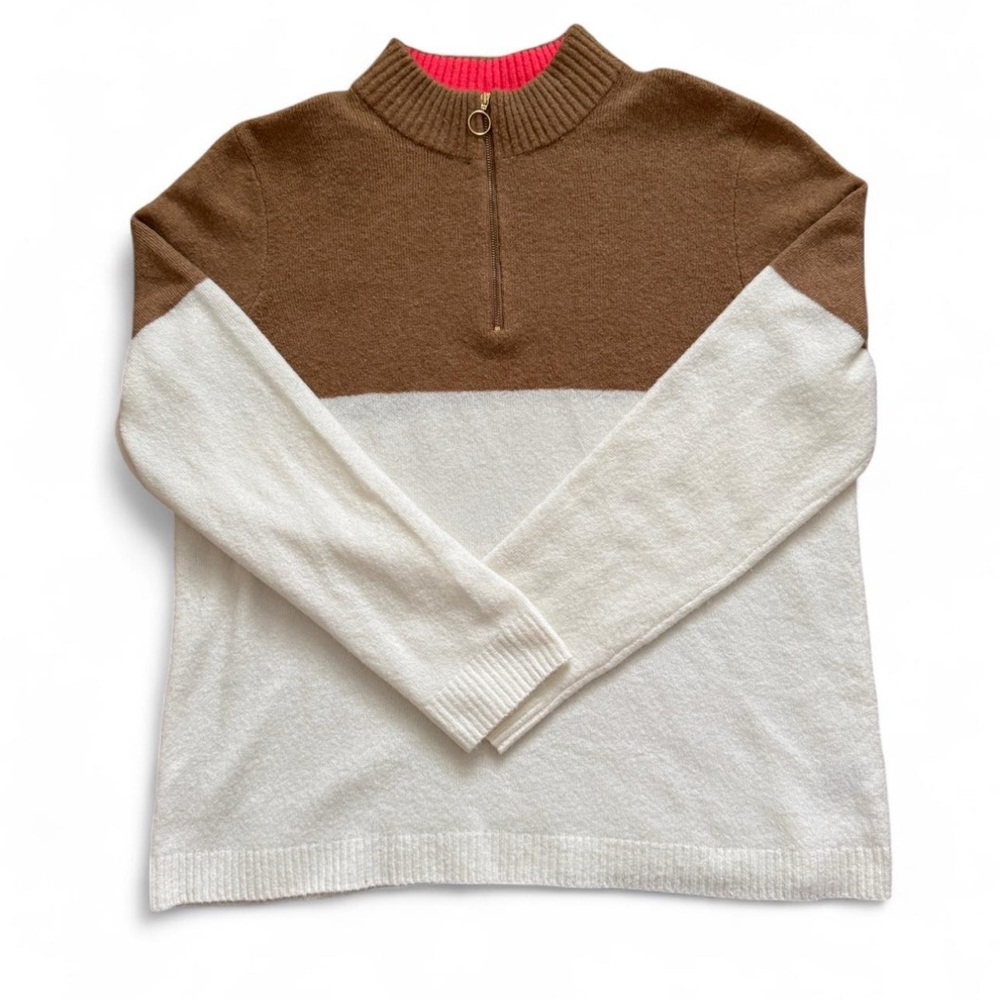 J. Crew Women’s Colorblock Quarter Zip Sweater Tan and Cream Size XL - Picture 2 of 5